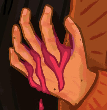 digital drawing of a hand seeping bright pink blood